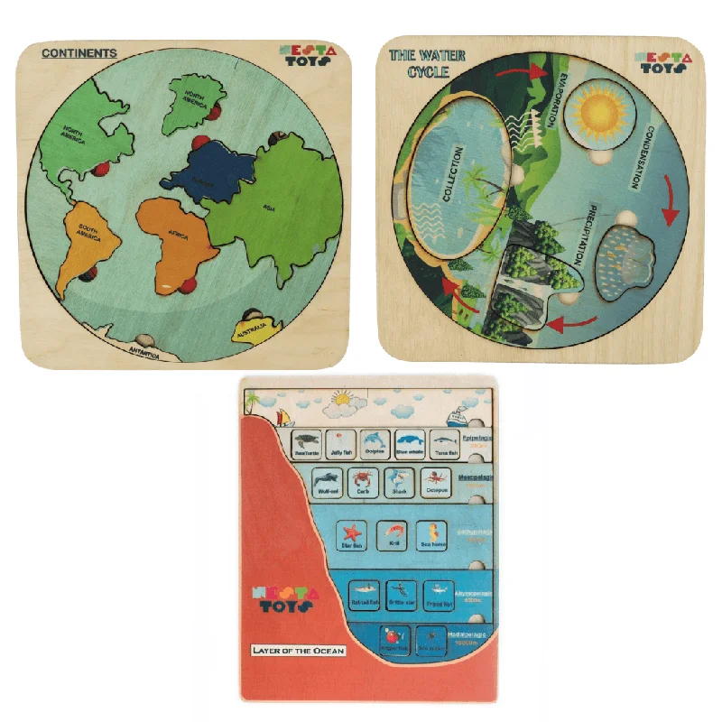 Wooden tambourines for musical accompaniment​ Geography Lover Combo - Earth Core, Water Cycle & Ocean Layer Puzzle
